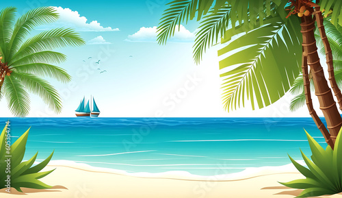 Summer background with sea or ocean beach  palm tree leaves and free space for text  generative ai