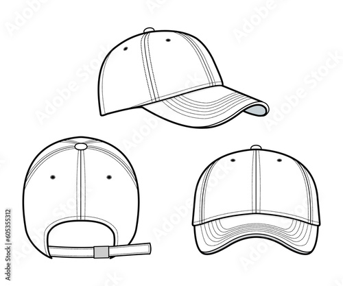 Cap vector illustration. Baseball Cap fashion flat technical drawing template. isolated on white. front, side, and back view. unisex, CAD mock-up.	