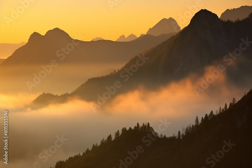 Misty mountain landscape during a sunrise