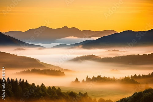 Misty mountain landscape during a sunrise