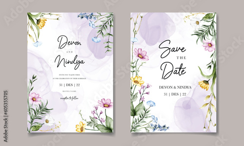 Elegant wedding invitation card with beautiful watercolor flowers