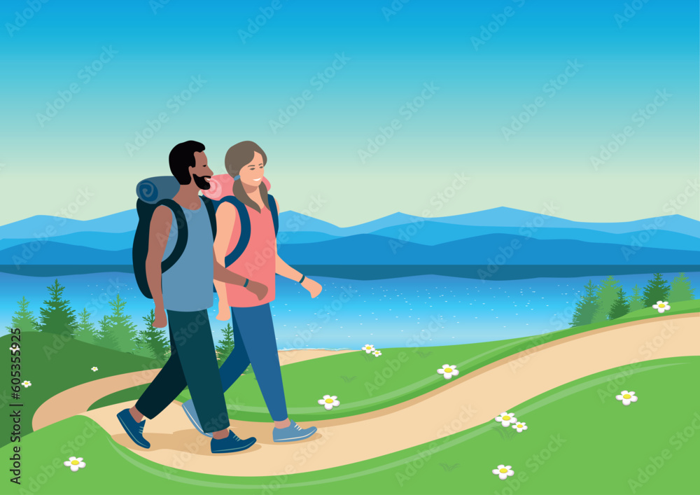 Friends go hiking along the path against the backdrop of a beautiful landscape. Men and women travel and vacation together. Active lifestyle. Camping. Vector illustration in a simple style. Friends go hiking along the path against the backdrop of a beautiful landscape. Men and women travel and vacation together. Active lifestyle. Camping. Vector illustration in a simple style.