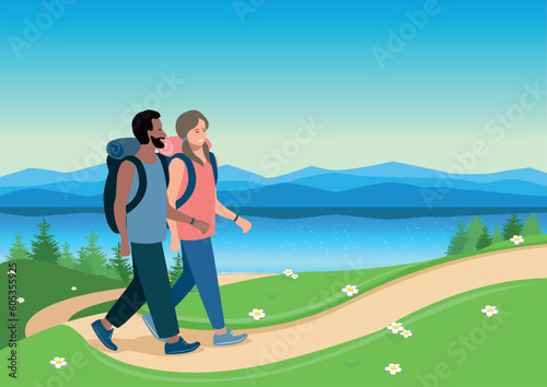 Friends go hiking along the path against the backdrop of a beautiful landscape. Men and women travel and vacation together. Active lifestyle. Camping. Vector illustration in a simple style.
