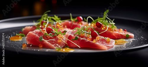 Carpaccio, served in a luxurious restaurant. Generative AI.