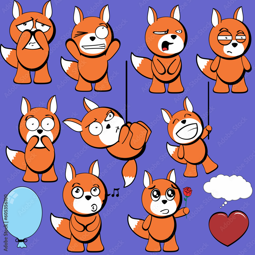 fox cartoon sticker expressions pack collection in vector format