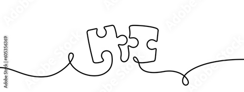 Puzzle connecting combining two pieces one line style illustration