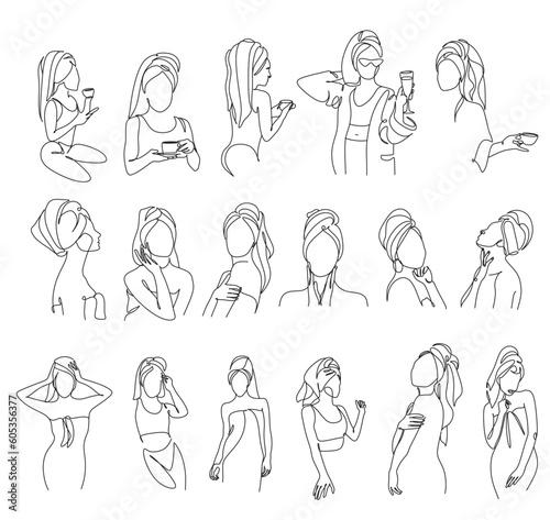 Woman Body With Towel On Head Line Art Set of line drawing abstract woman female portraits for spa bath cosmetics logo