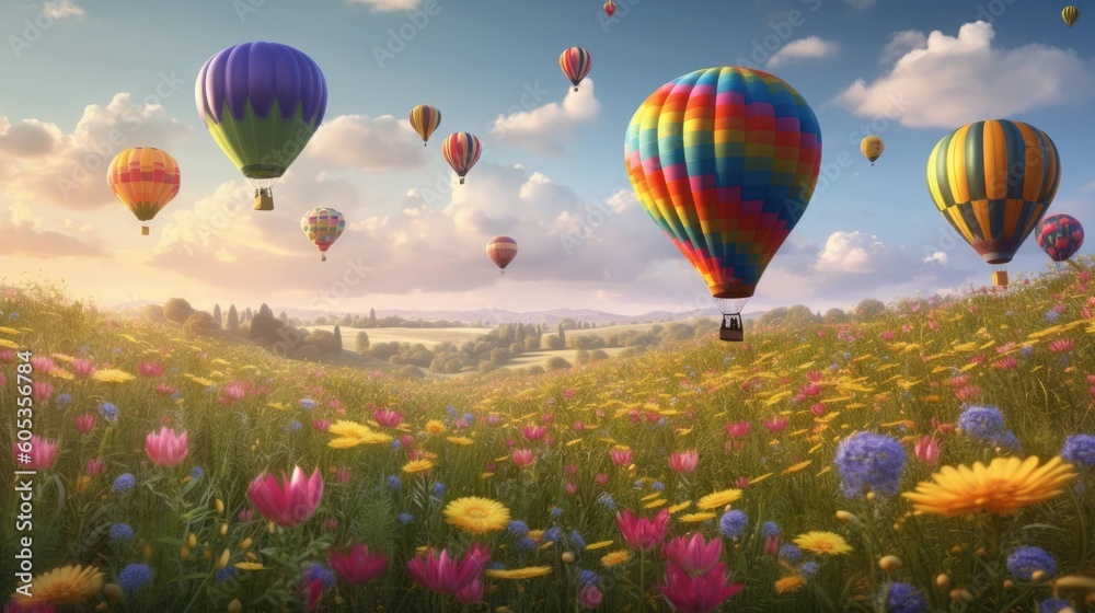 Hot air balloons flying over a beautiful field filled with vibrant flowers