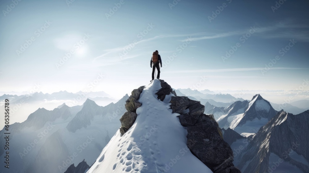 Fototapeta premium Man standing at the top of a mountain peak