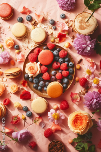 A sunny wallpaper or background made of summer fruits, flowers and sweets. Creative concept for seasonal advertisement or advertisement. Illustration. Generative AI