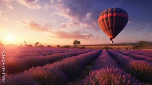 Hot air balloon landing on field with lavender flowers