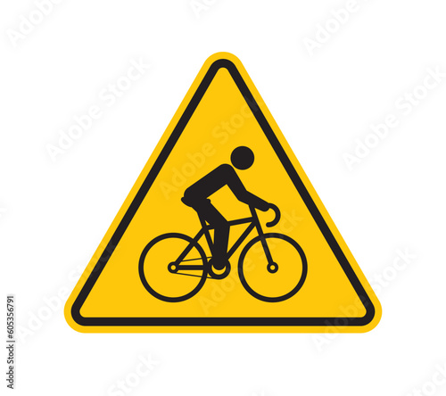 Vector yellow triangle sign - black silhouette biker on cycle. Isolated on white background.