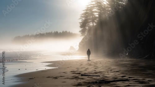 Person taking an early morning walk along a mysterious beach  disappearing in the mist
