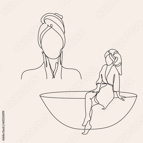 Woman in a towel line drawing. Line art bathroom print. Minimal sexy woman portrait. Spa salon illustration. Self-care concept. Morning routine. Bath time. Abstract Minimal female art