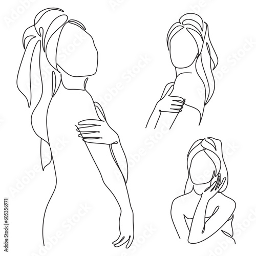 Woman in a towel line drawing. Line art bathroom print. Minimal sexy woman portrait. Spa salon illustration. Self-care concept. Morning routine. Bath time. Abstract Minimal female art