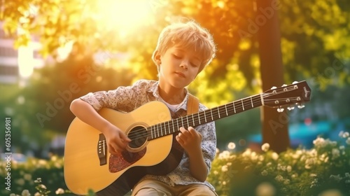 Little boy playing guitar in the park at sunset. Child with a guitar.Generative Ai