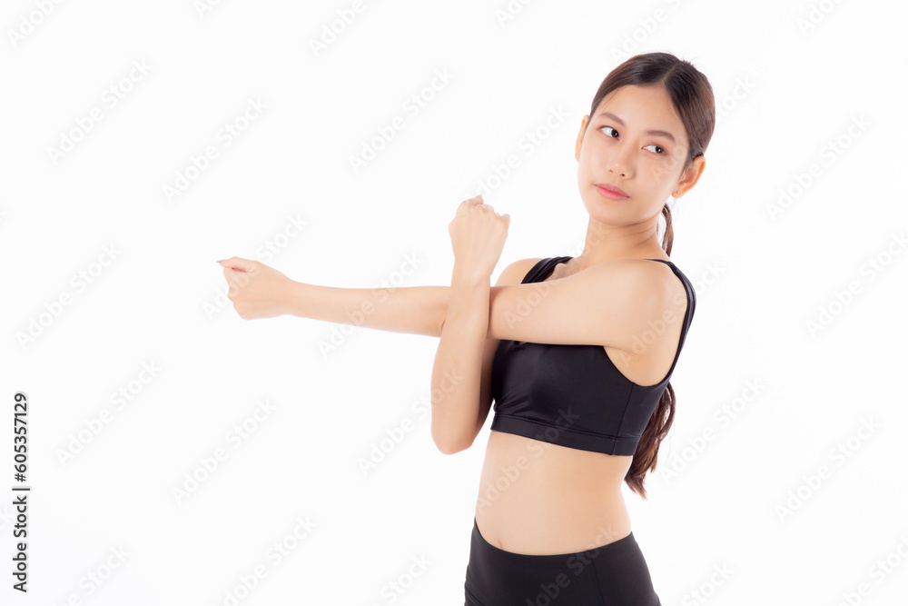 Portrait beautiful young asian woman stretching hands or arms for exercise yoga and relax isolated on white background, female workout training for muscle strong, sport and health care concept. Portrait beautiful young asian woman stretching hands or arms for exercise yoga and relax isolated on white background, female workout training for muscle strong, sport and health care concept.