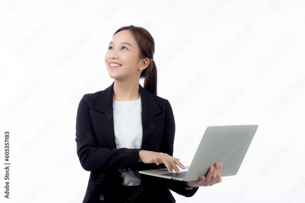 Portrait young asian business woman standing work on laptop computer to internet online isolated on white background, businesswoman in suit confident and using notebook, marketing and communication. Portrait young asian business woman standing work on laptop computer to internet online isolated on white background, businesswoman in suit confident and using notebook, marketing and communication.