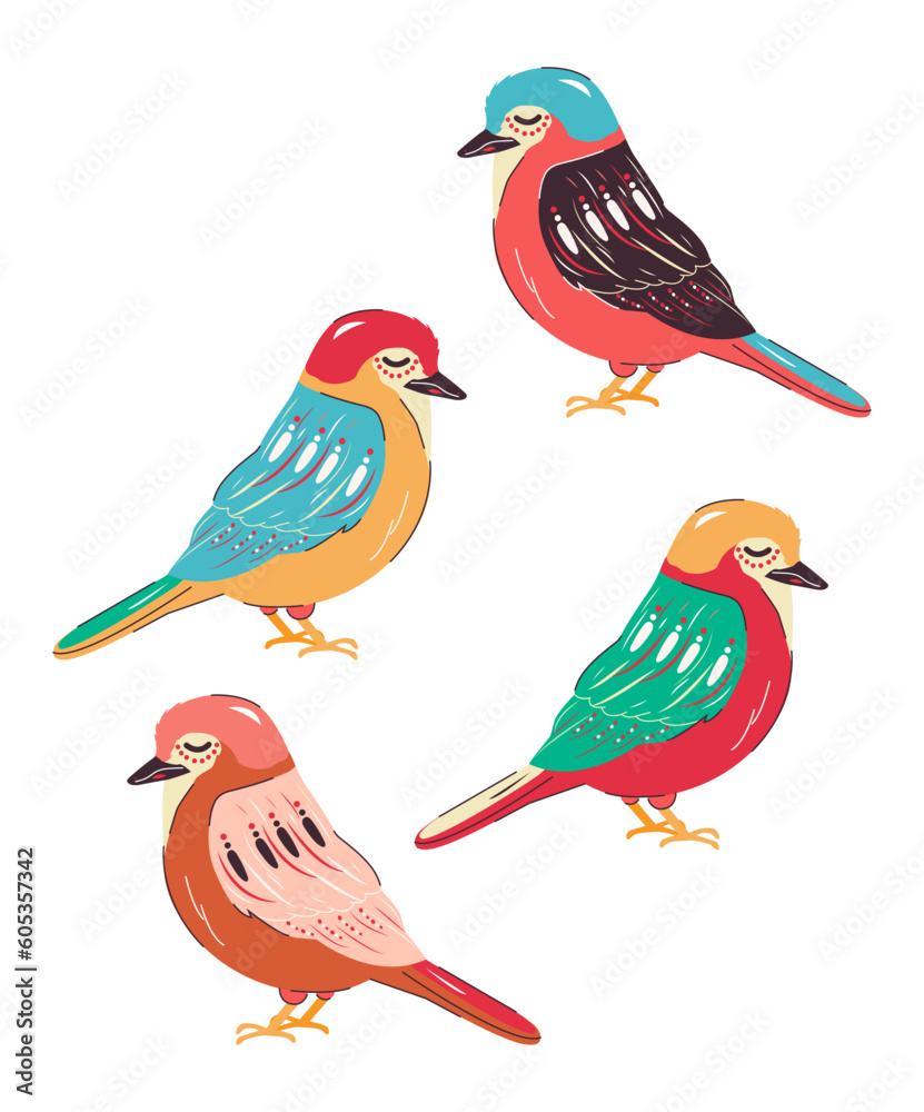 Set of birds in modern trendy design. Colored animals. Vector stock illustration. isolated. hand drawn. Doodle