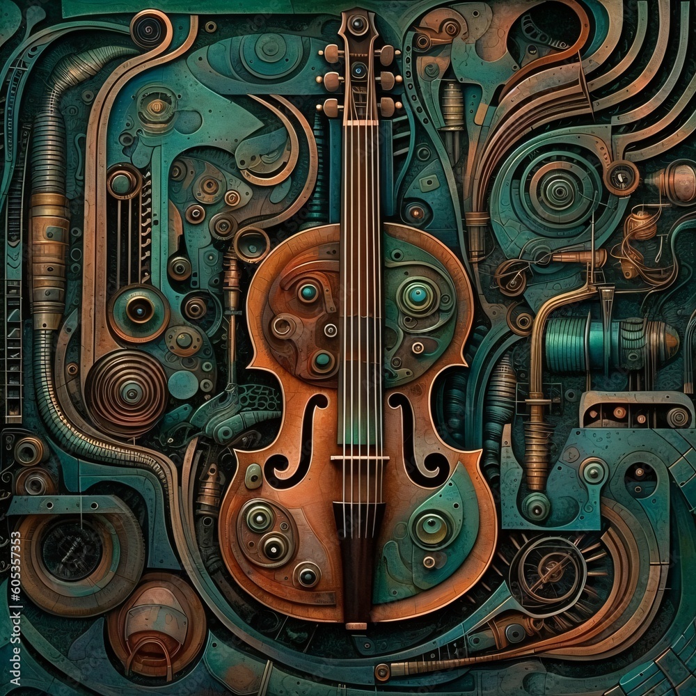 surreal steampunk relief, musical abstract pattern made of patinated copper, generative ai