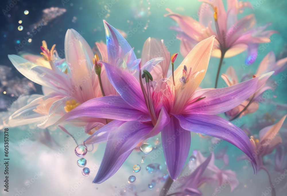 Fototapeta premium Beautiful lily flowers with water drops on the background of the sky