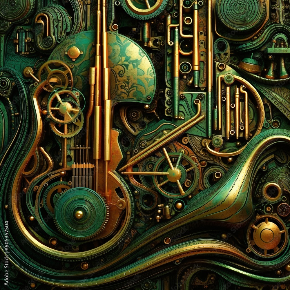 surreal steampunk relief, musical abstract pattern made of patinated copper, generative ai