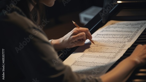 Music Arranger Female Asian Middle-Aged Creating and arranging musical compositions for various ensembles in Rehearsal room. Generative AI AIG22. photo