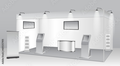 set of realistic trade exhibition stand or white blank exhibition kiosk or stand booth corporate commercial. eps vector