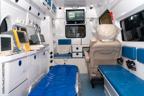 Medical equipment and instruments inside the ambulance photo