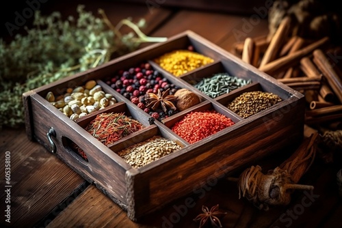 Assortment of Spices and Herbs: A Selection of Flavorful Ingredients in a Charming Wooden Box. AI © Usmanify