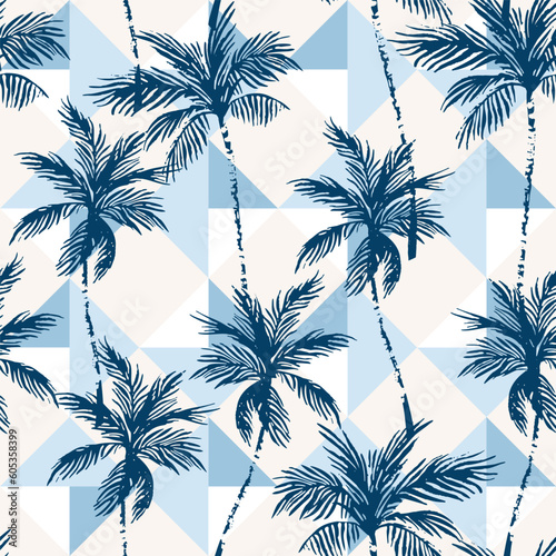 Abstract coconut trees on geometrical rhombus background.