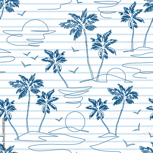 Abstract landscape on blue stripe background: mountains, sea, coconut palm tree, birds continuous art.