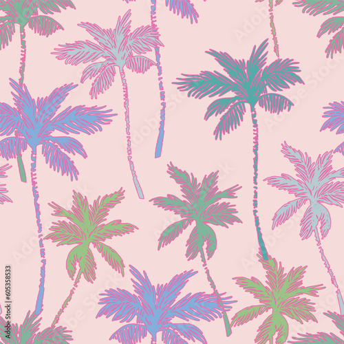 Colorful vivid palm tree silhouettes, outlines seamless pattern. © Tanya Syrytsyna