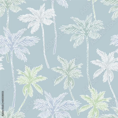 Tropical palm tree silhouettes, outlines seamless pattern.