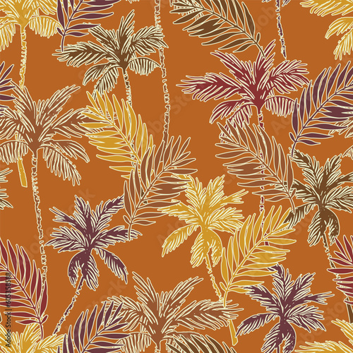 Colorful vivid palm tree, leaf silhouettes, outlines seamless pattern.