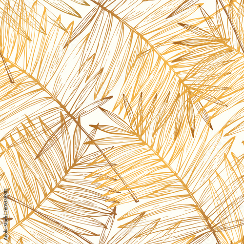 Golden tropical leaves drawing seamless pattern.