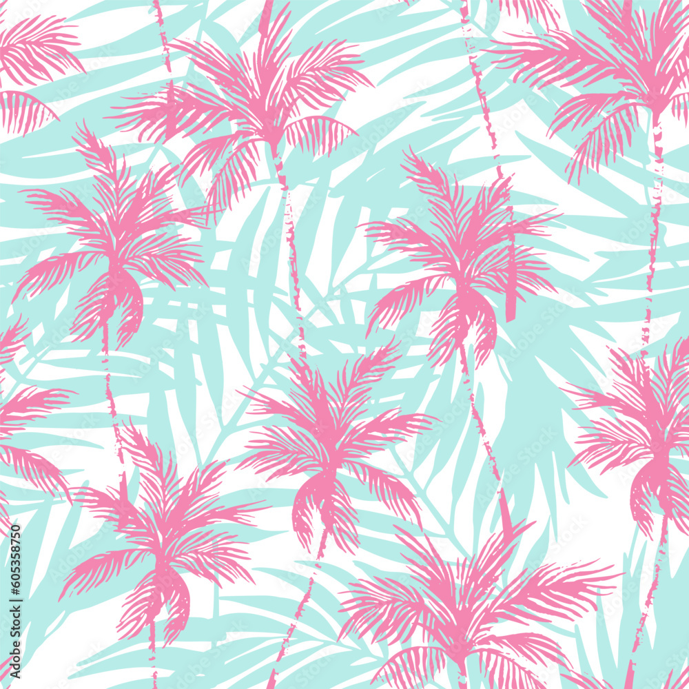 Abstract pink coconut trees on palm leaves background - obrazy, fototapety, plakaty 