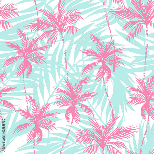 Abstract pink coconut trees on palm leaves background © Tanya Syrytsyna
