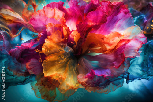 Abstract fluid art painting in alcohol ink liquid technique. Imitation of fantastic cosmic flower. Blend of colors that creates sheer waves. Background for posters, product packaging. Generative AI © Sheremetio