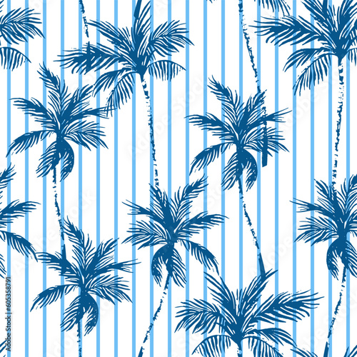 Navy blue coconut palm trees on striped background. Seamless tropical pattern.
