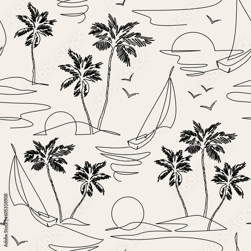 One line drawing tropical oasis island seamless pattern.