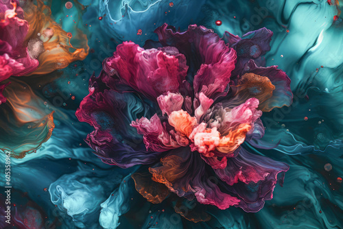 Abstract fluid art painting in alcohol ink liquid technique. Imitation of fantastic cosmic flower. Blend of colors that creates sheer waves. Background for posters  product packaging. Generative AI