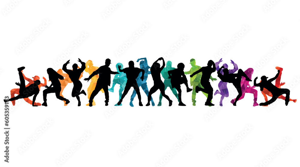 Disco, party, dancing, lots of dancing people. Colorful vector illustration of silhouettes of guys and girls.