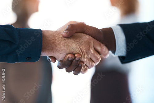 Business people, closeup handshake and agreement in office with human resources, support or welcome for hiring. Team building, hands and connect for synergy, teamwork or partnership in collaboration