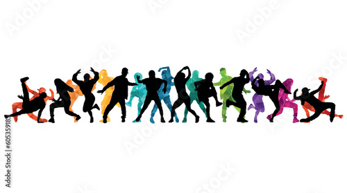 Disco  party  dancing  lots of dancing people. Colorful vector illustration of silhouettes of guys and girls.