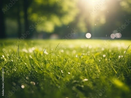 Green grass background with bokeh. Sunlight in the morning. Created with Generative AI technology