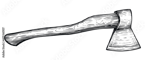 Hand drawn sketch of axe. Woodworking tool. Detailed vintage etching style drawing. Vector engraved style illustration