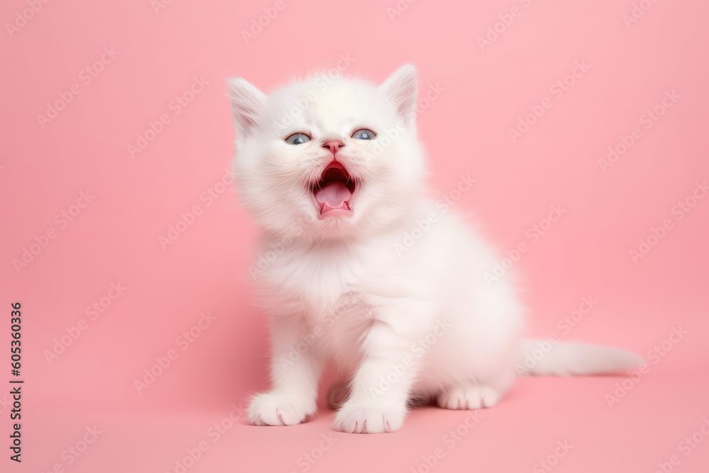 A cute little fluffy white baby kitten yawning with her mouth wide open. Sleepy yawning long-haired kitten on flat pink background with copy space. Generative AI professional photo imitation.