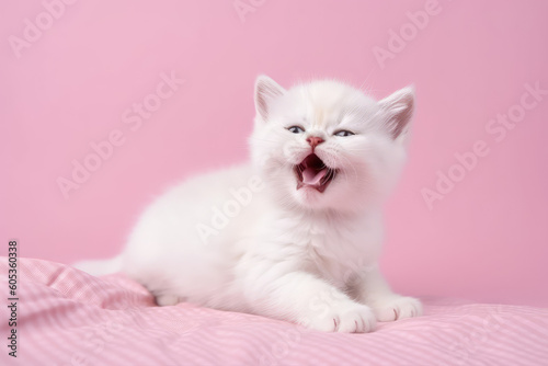 A cute little fluffy white baby kitten yawning with her mouth wide open. Sleepy yawning long-haired kitten on flat pink bedroom background with copy space. Generative AI professional photo imitation.