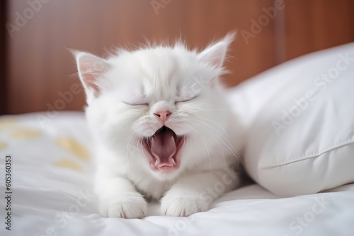 A cute little fluffy white baby kitten yawning with her mouth wide open. Sleepy yawning long-haired kitten on white bed in bedroom. Generative AI professional photo imitation.